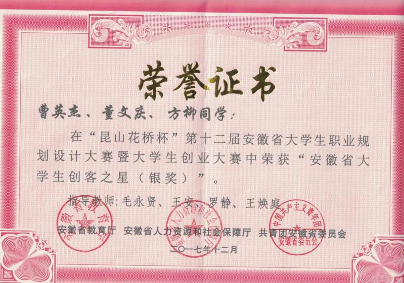 創(chuàng)業(yè)比賽獲獎證書-安徽省.jpg 創(chuàng)業(yè)比賽獲獎證書-安徽省.jpg
